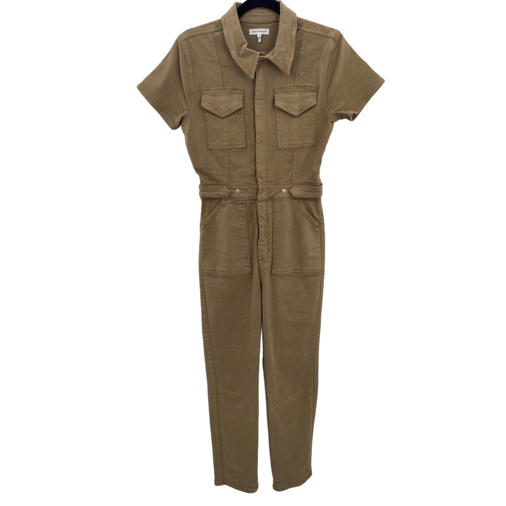 Good American Fit for Success Denim Jumpsuit Womens 2 Khaki Cotton Pockets